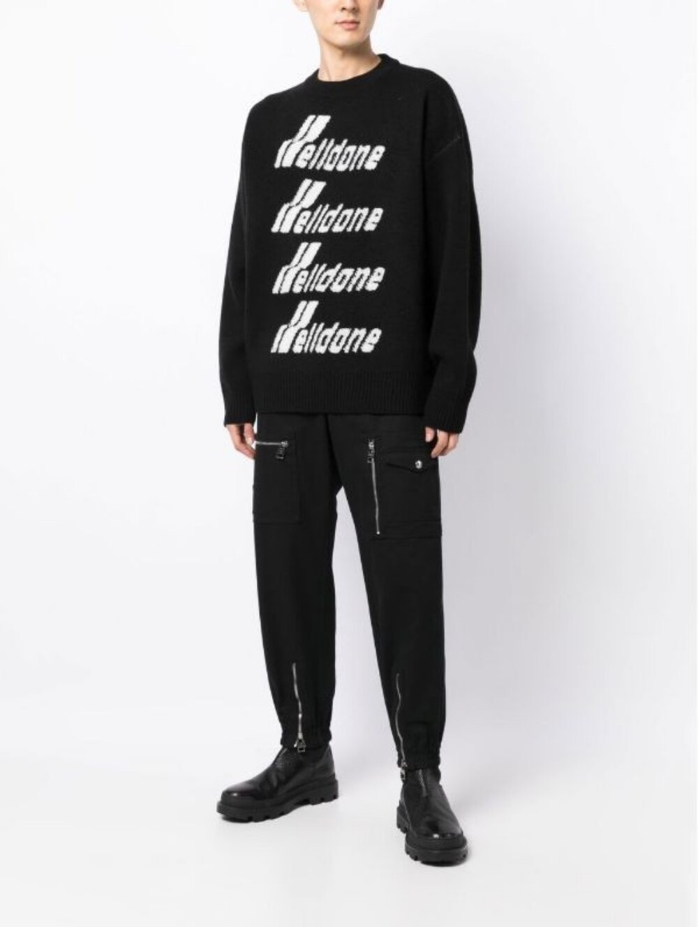 We11done ($1048) Black Logo Pile Knit Sqeater Wool Blend NWT